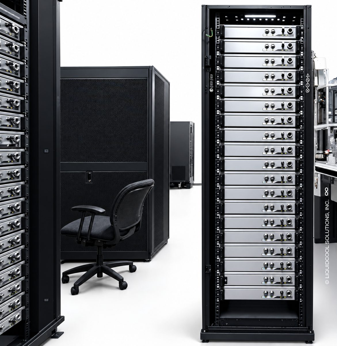 A row of LiquidCool server racks in a data hall, each rack filled with sealed immersion servers