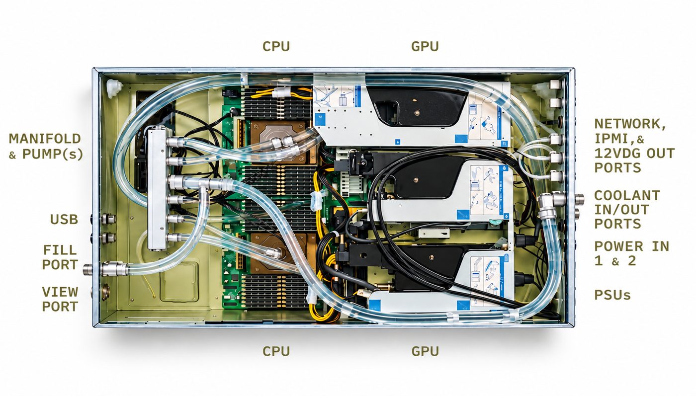 Annotated view inside a LiquidCool ZPServer showing the manifold and pumps, coolant lines to the CPU and GPU, fill port, and network and power ports